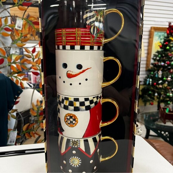 MACKENZIE-CHILDS Top Hat Snowman Mug Tower - Set of 4 -  New in Box - Picture 1 of 6